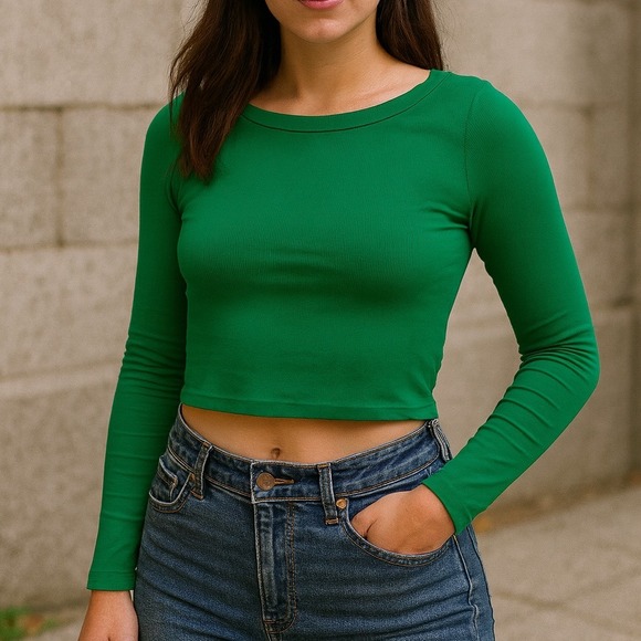 Cotton On Tops - Cotton‎ On Emerald Green Long Sleeve Crop Top Large Y2K Layering Vibrant Bold